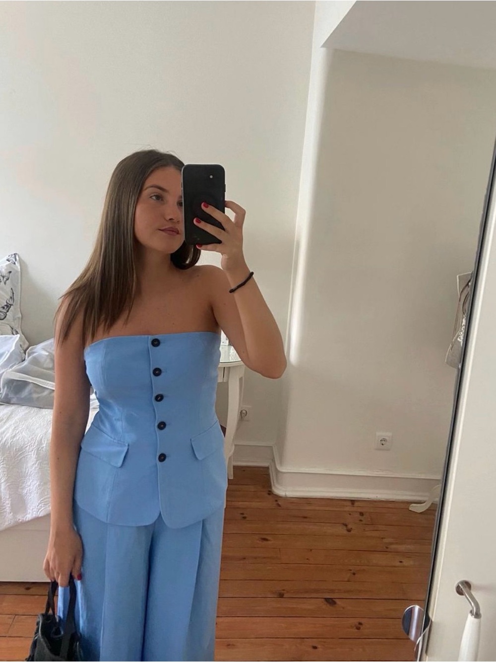 NWT Zara Strapless Light Blue Button-Front top